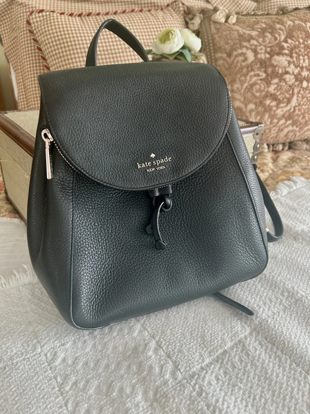 Kate Spade New York Lizzie Medium Flap Backpack - Black Saffiano Leather